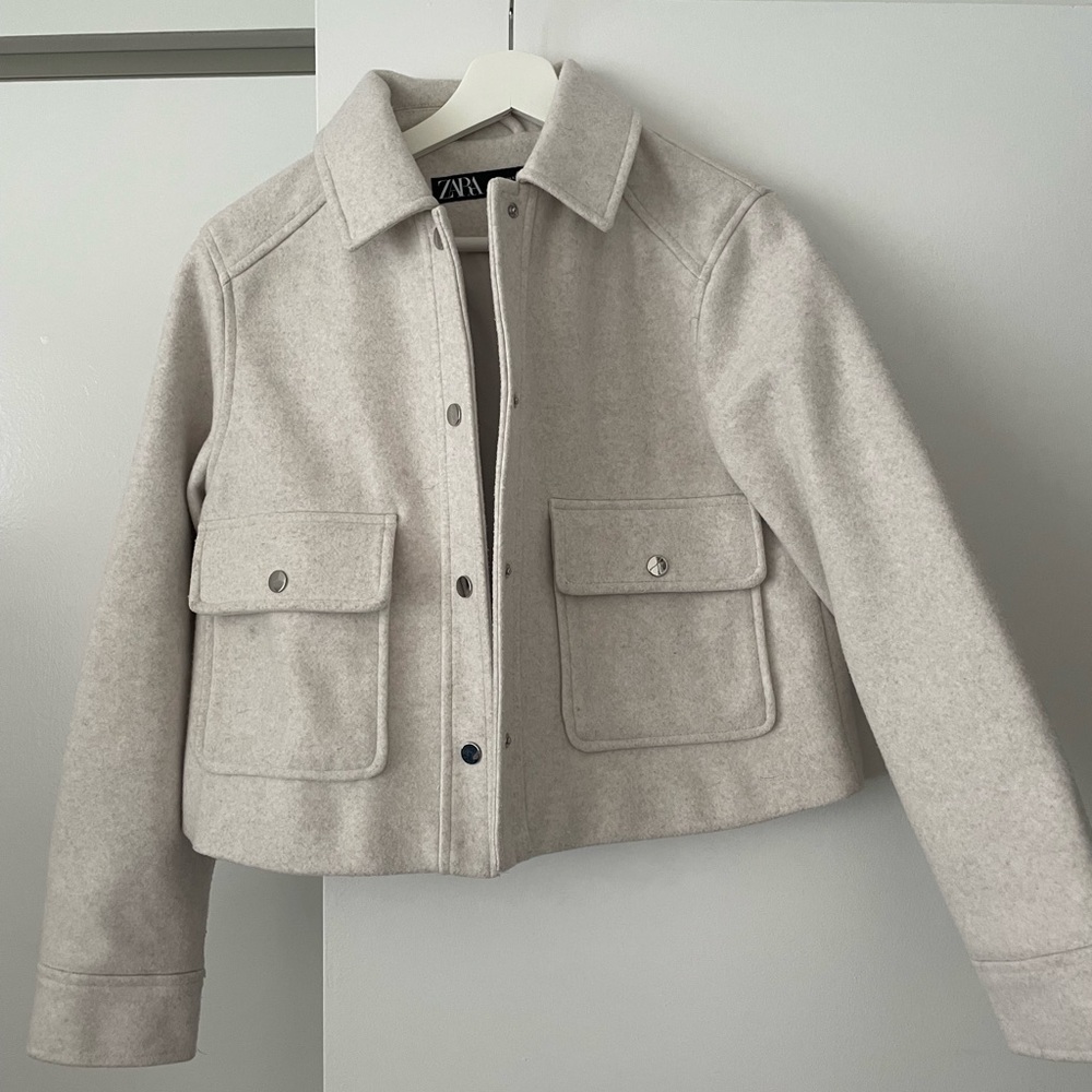 Zara Light Cream Cropped Wool-Blend Bomber Jacket